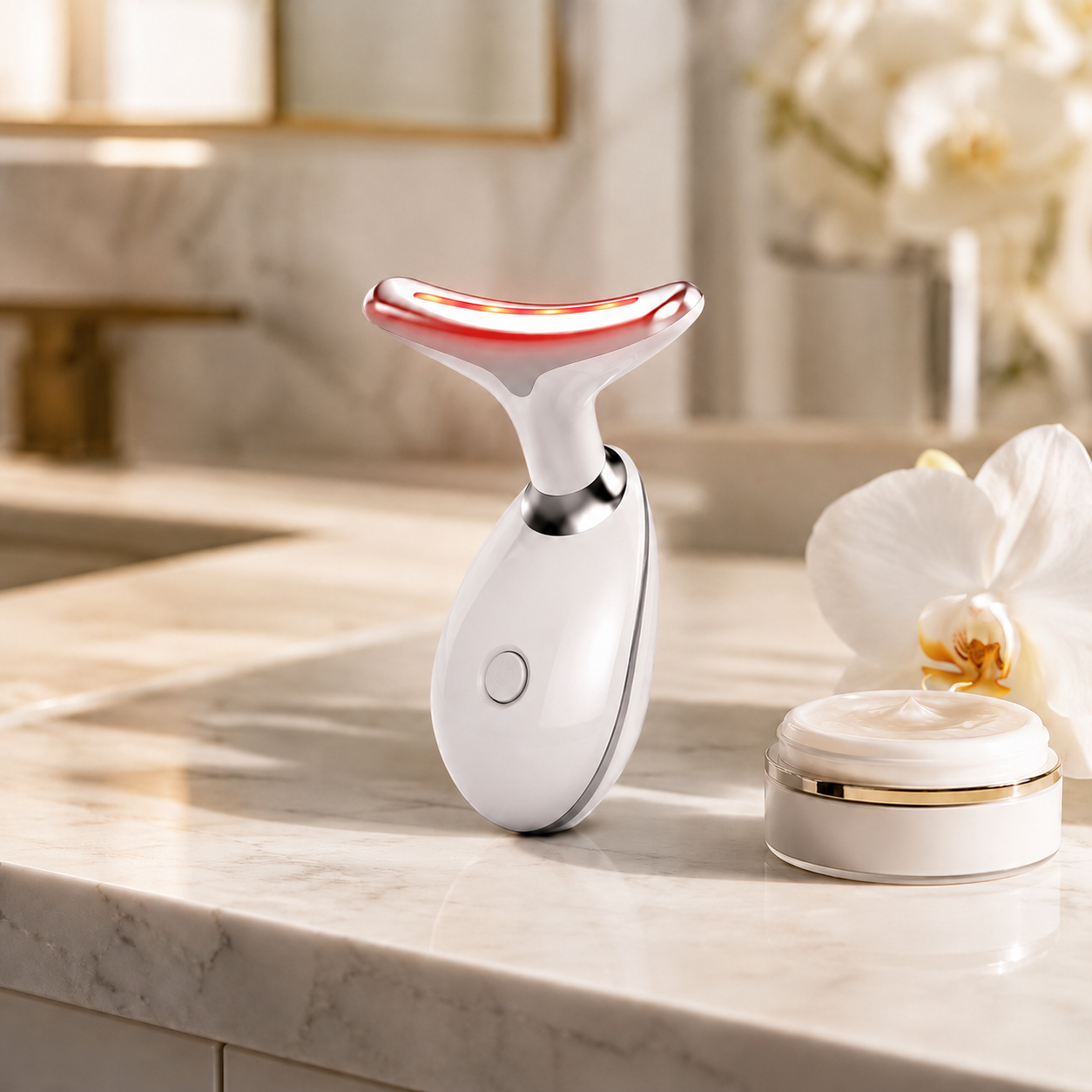 EternaSkin LumiCurve neck and jawline sculpting device with red glow
