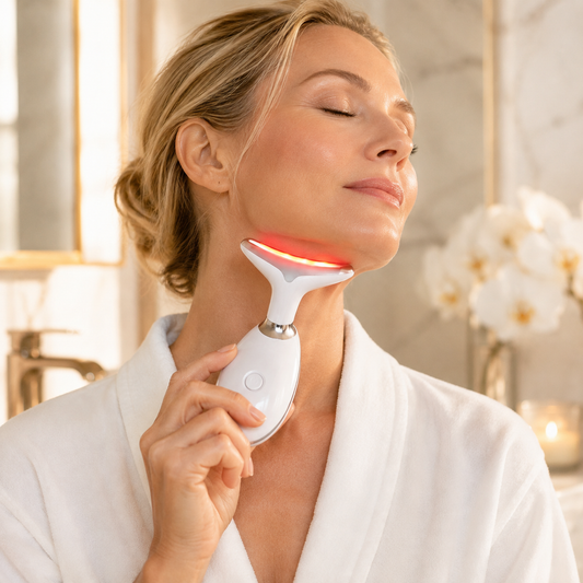 Woman gliding the LumiCurve device along her neck