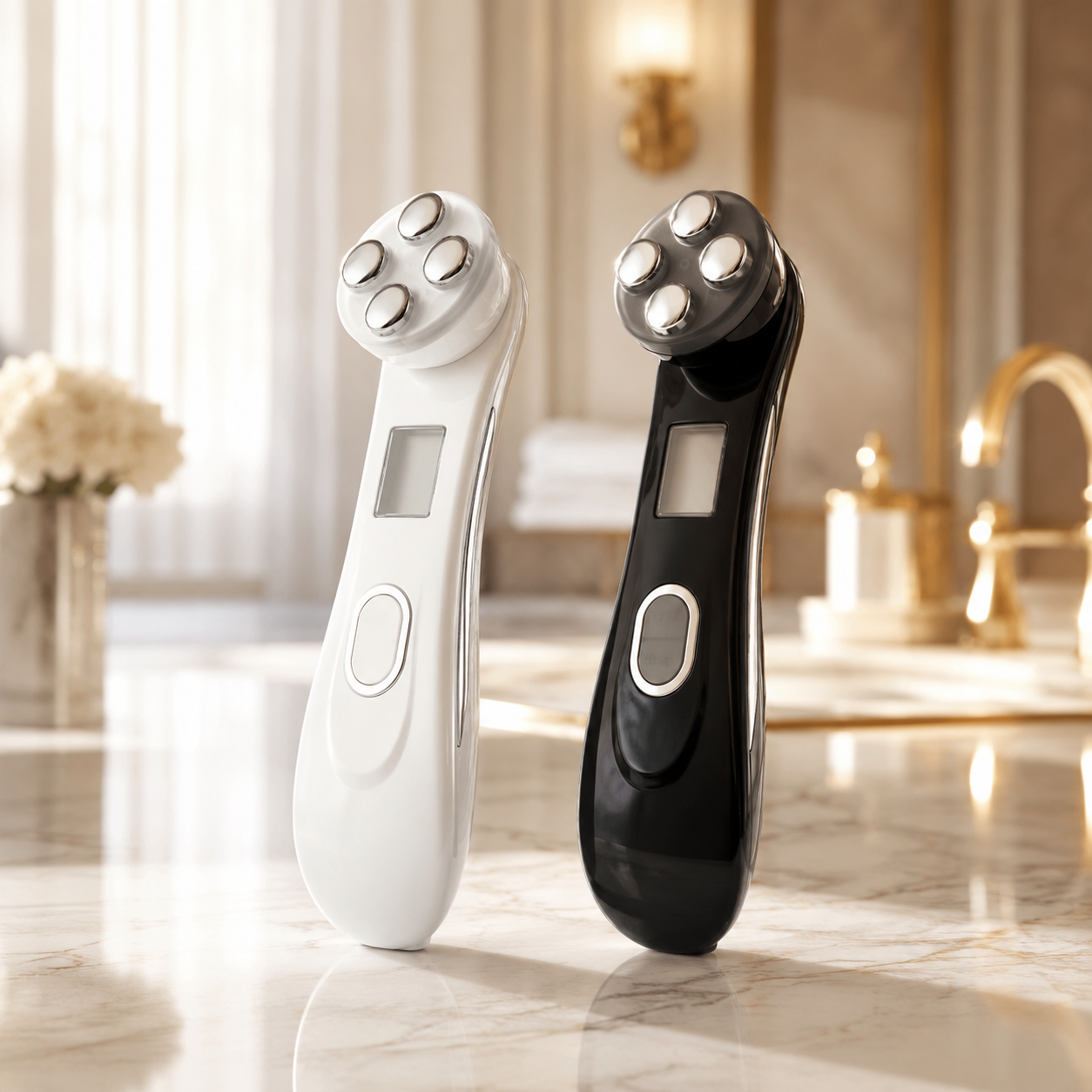 EternaSkin LumiFirm 5-in-1 RF devices in white and black on a marble vanity