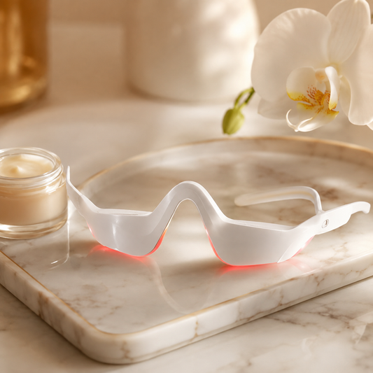 EternaSkin LumiGaze eye revival massager on a marble tray