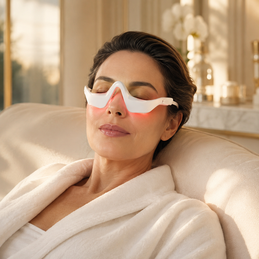 Woman relaxing while wearing the LumiGaze eye massager