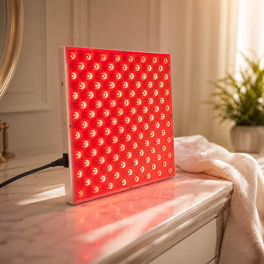 EternaSkin LumiGlow red light therapy panel glowing on a marble vanity