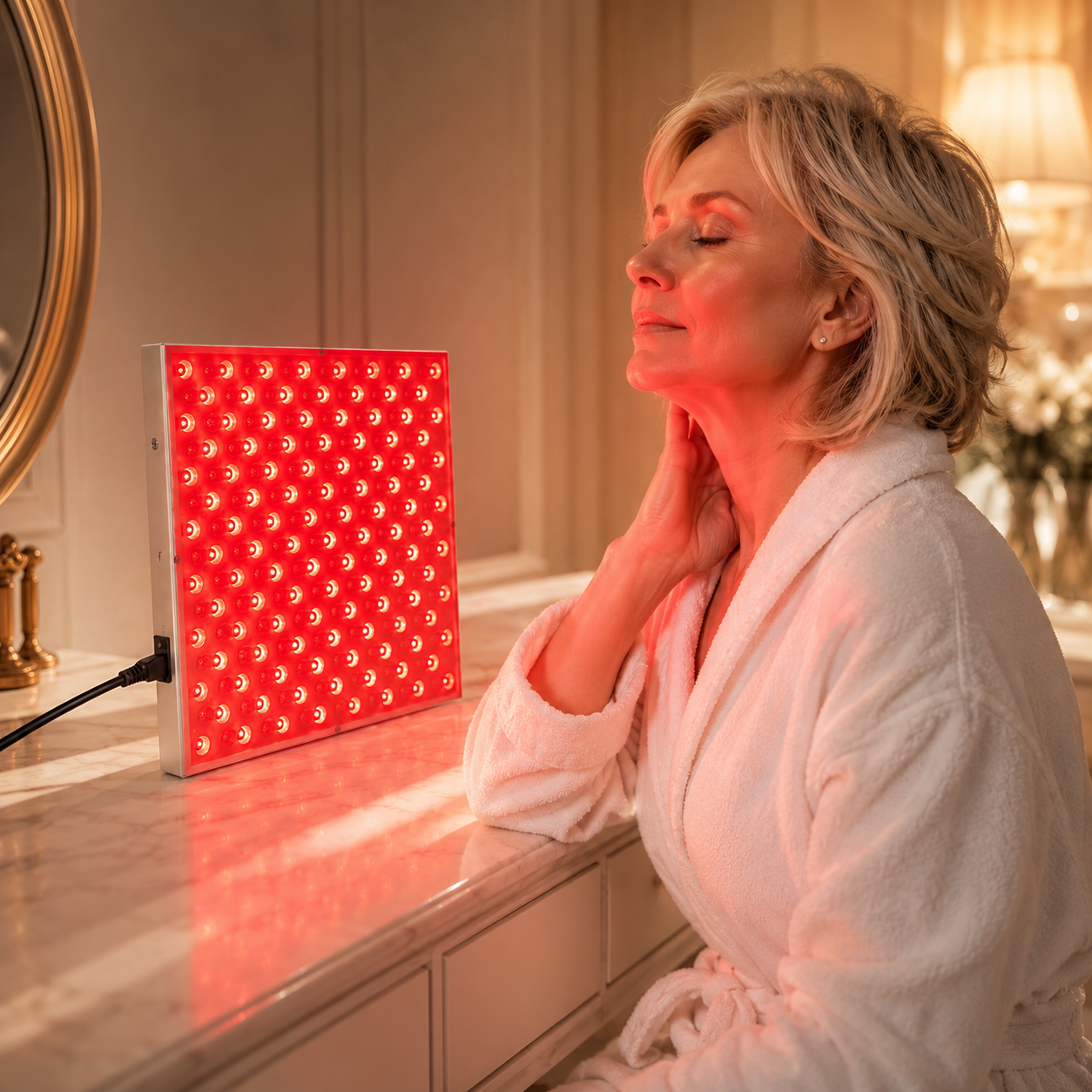 Woman enjoying a red light therapy session with the LumiGlow panel
