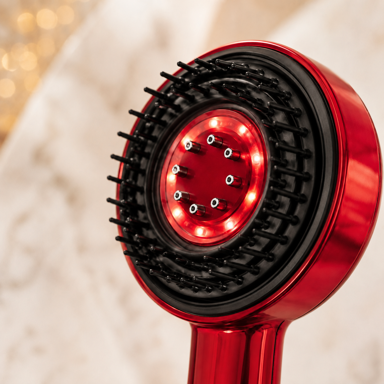 Close-up of the LumiGrow comb's massage bristles and glowing red light therapy ring
