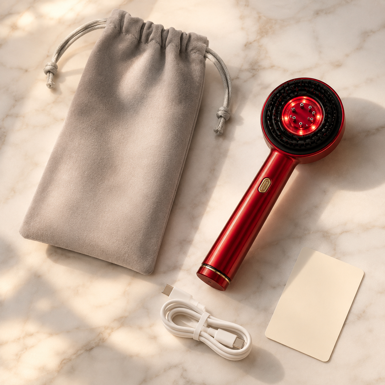 What's included: LumiGrow comb, travel pouch, USB-C cable and quick-start guide