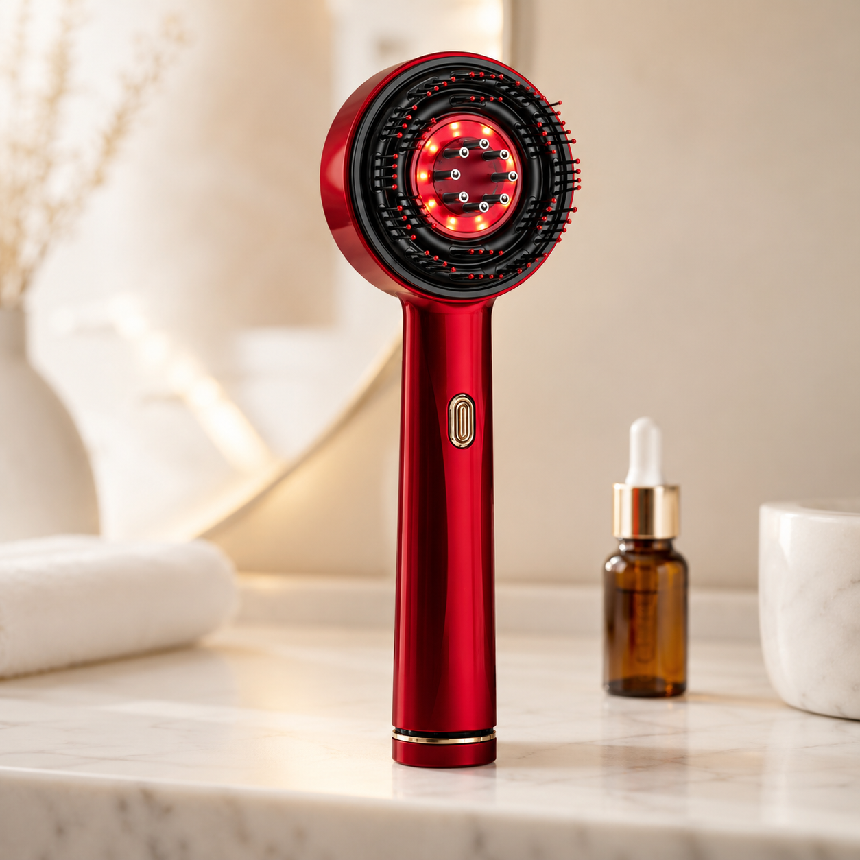 EternaSkin LumiGrow red light scalp revival comb with serum bottle on marble