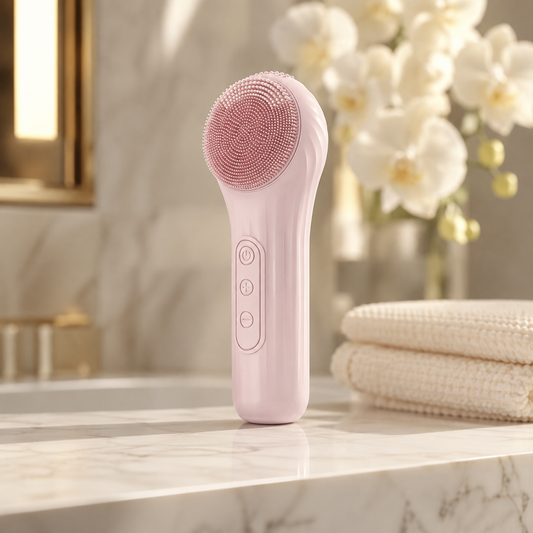 EternaSkin LumiPure sonic facial cleansing brush on a marble vanity