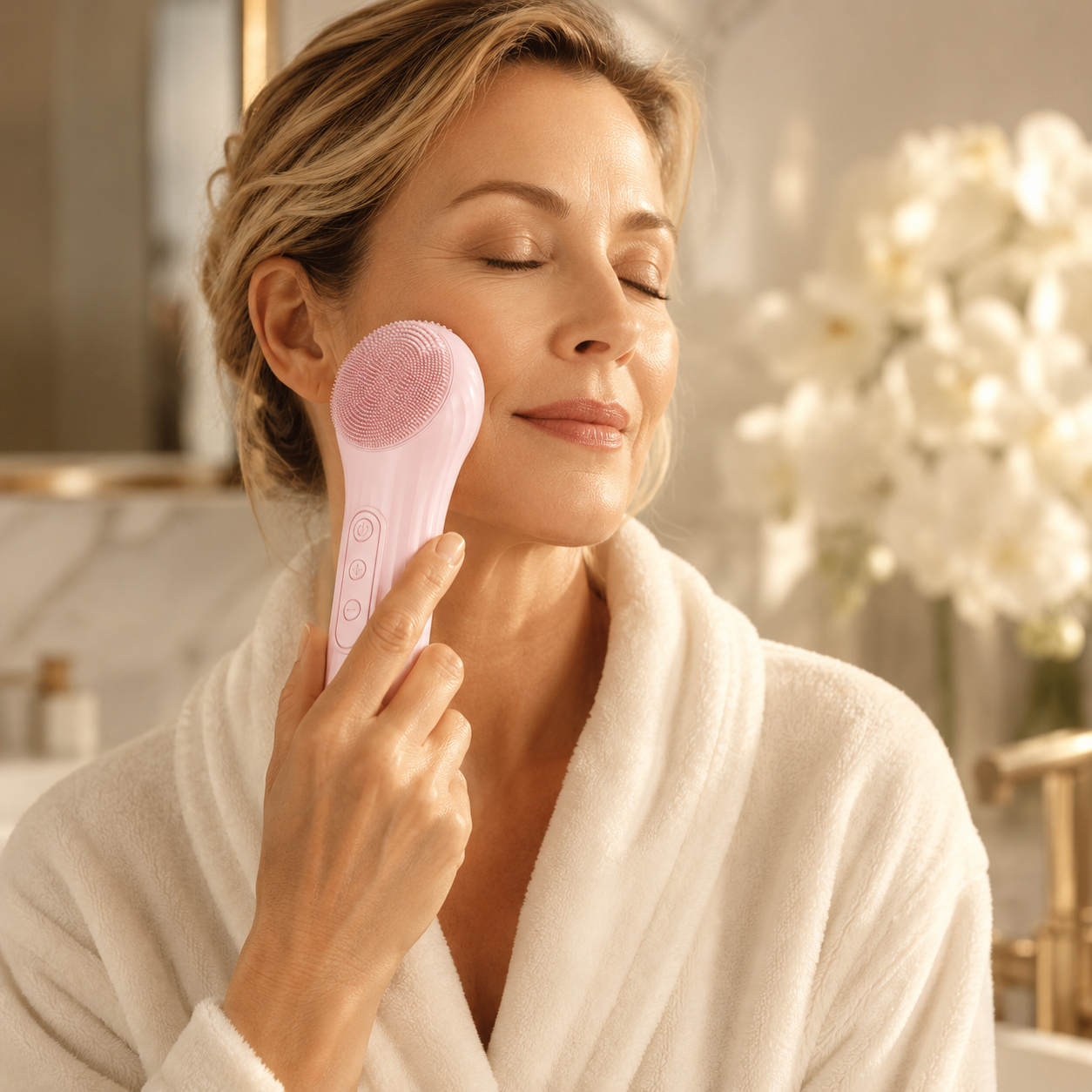 Woman using the LumiPure sonic cleansing brush in a spa bathroom