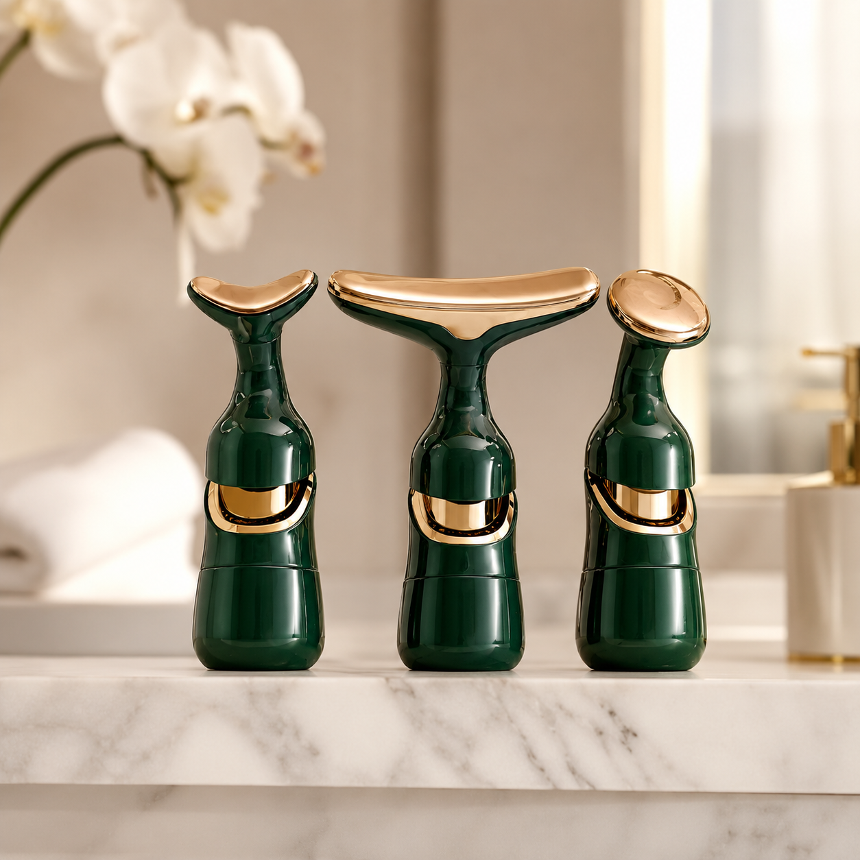 EternaSkin LumiSculpt microcurrent facial toning device set on a marble vanity
