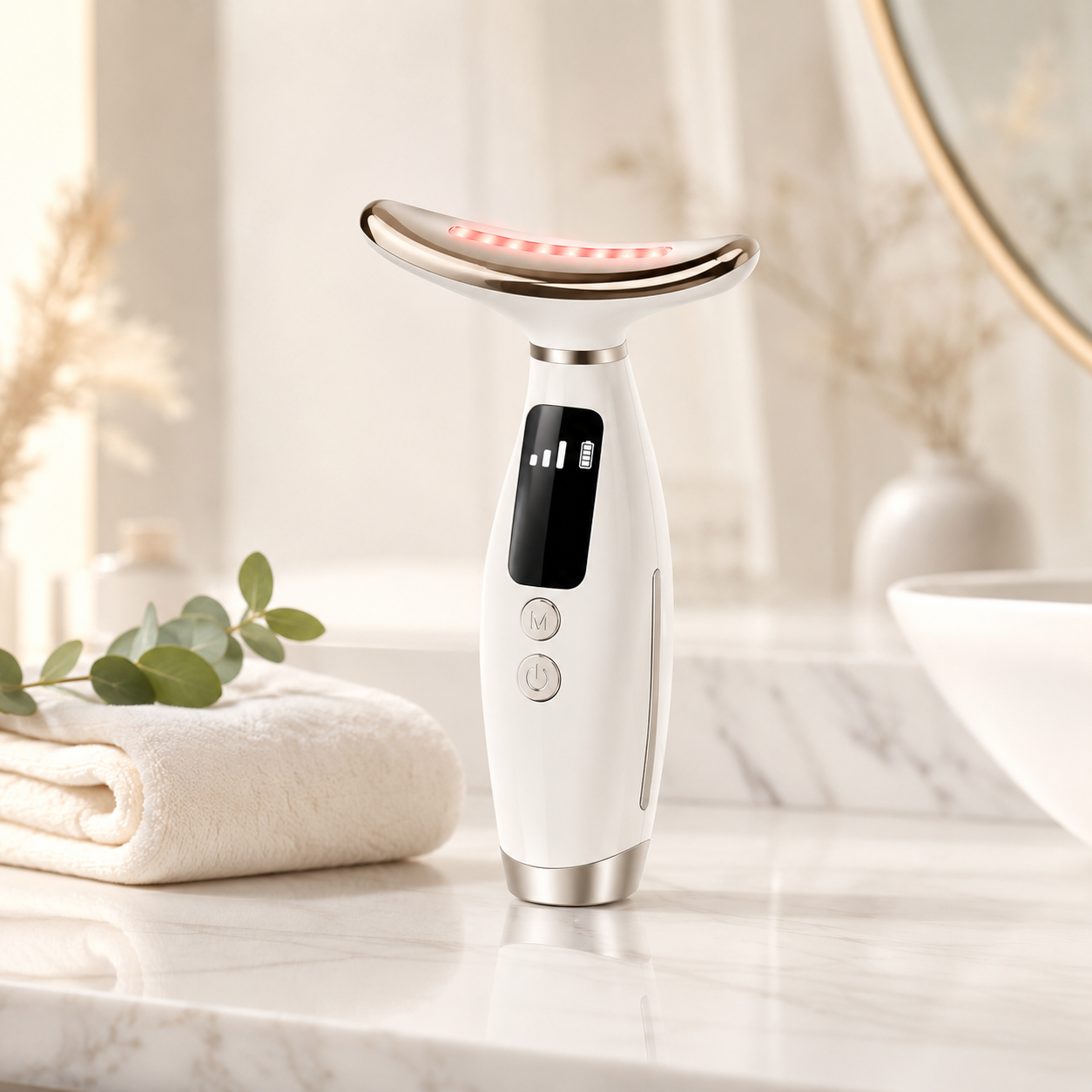 EternaSkin LumiTone 3-in-1 sculpting wand glowing on a marble vanity