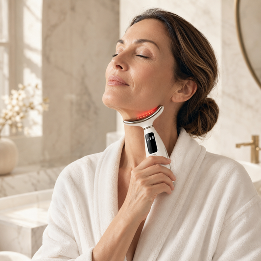 Woman using the EternaSkin LumiTone wand with red LED glow on her neck and jawline