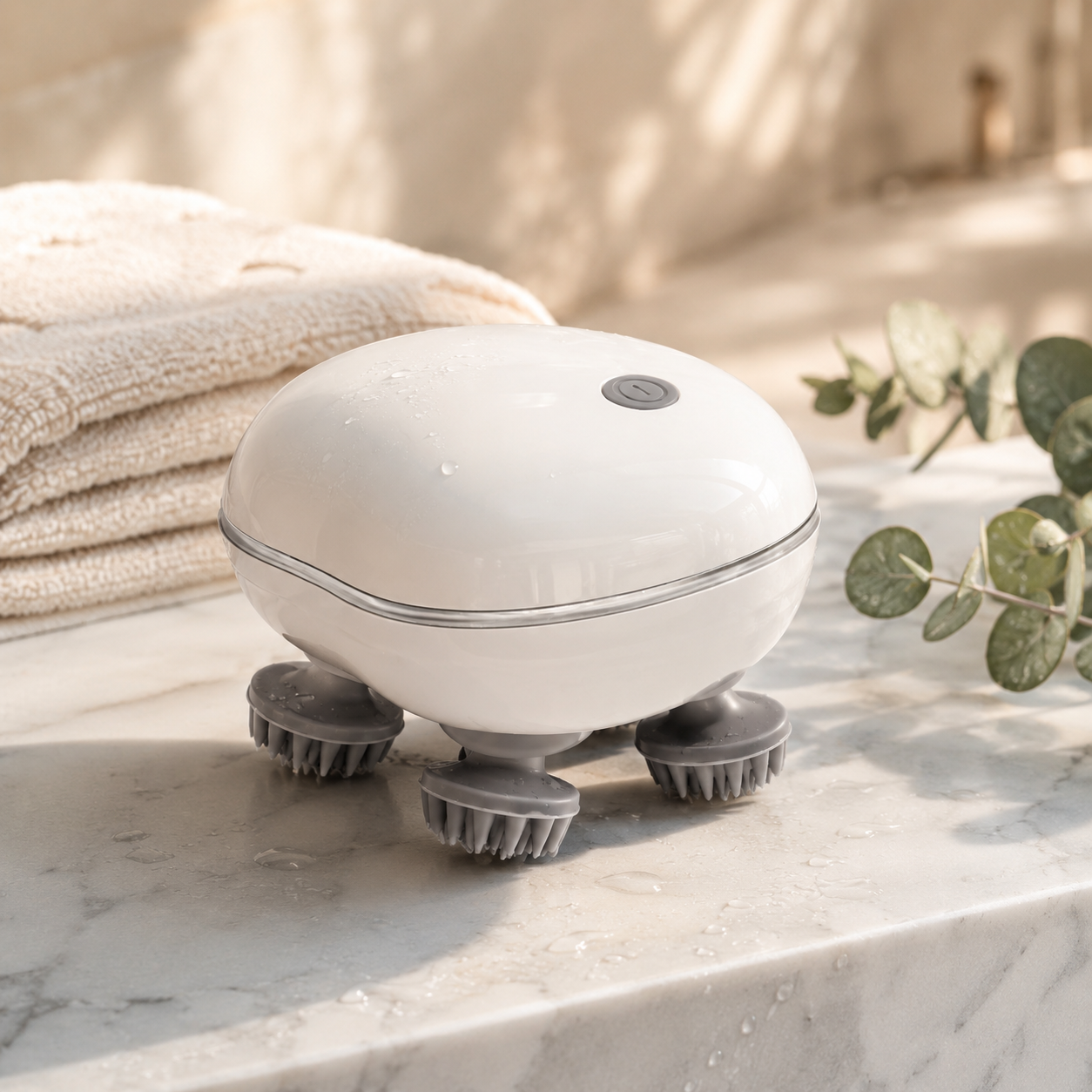 EternaSkin LumiWave scalp revival massager on a marble bathroom shelf